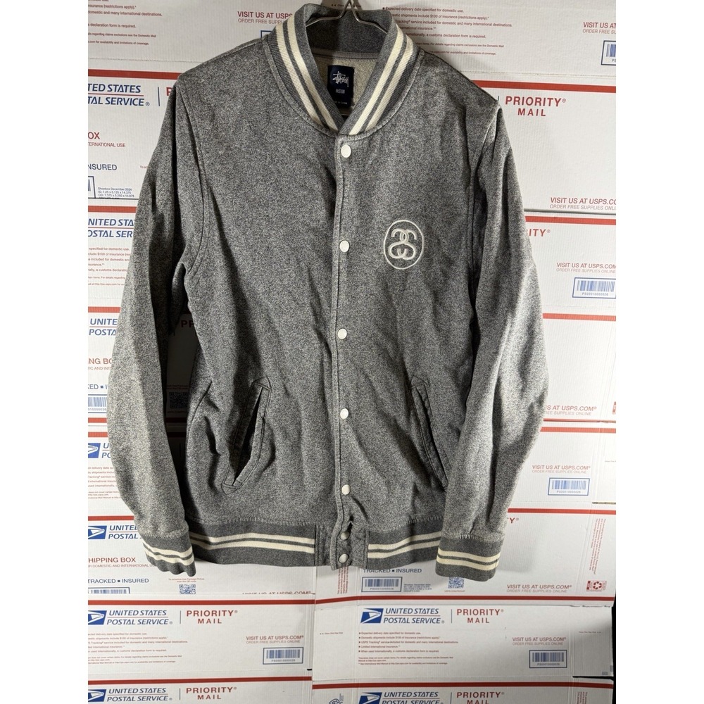 Vintage STUSSY Snap Varsity Jacket Sweater Size Med Y2K Gray RARE 90s‎ BIG LOGO
